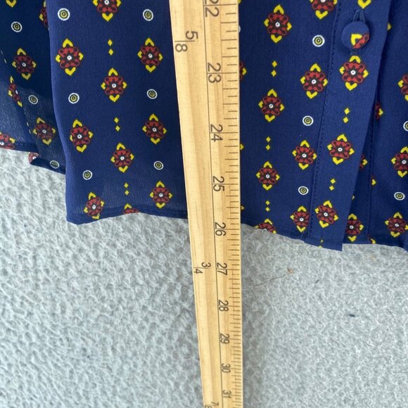 A Loves A Top Womens Medium Navy Multi Pattern Silk Button Long Balloon Sleeve - Picture 9 of 10